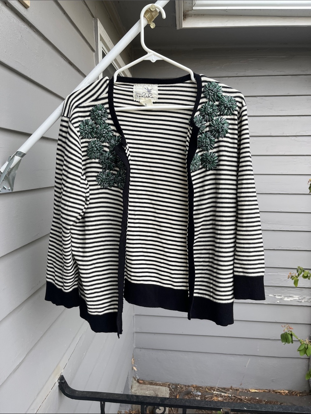 Tabitha Black and White Striped Open-Front Cardigan with Green Floral Embroidery
